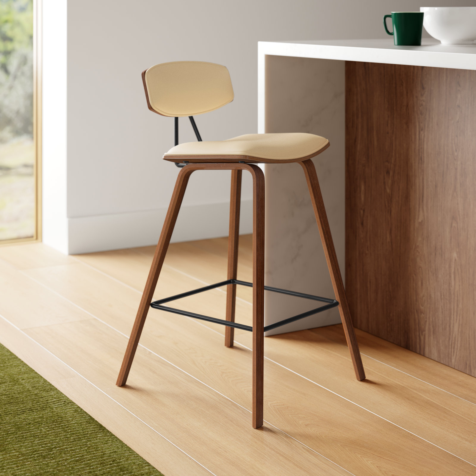 Bilgin 29" Bar Stool, Counter Stool (26" Seat Height), Cream Faux Leather, Walnut