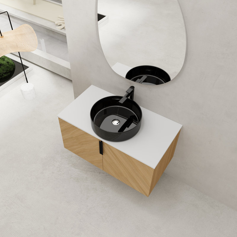 Meuble-lavabo de 36 po avec lavabo d'art en céramique et dalle de pierre artificielle, porte à fermeture en douceur, montage mural, contreplaqué (emballage KD)