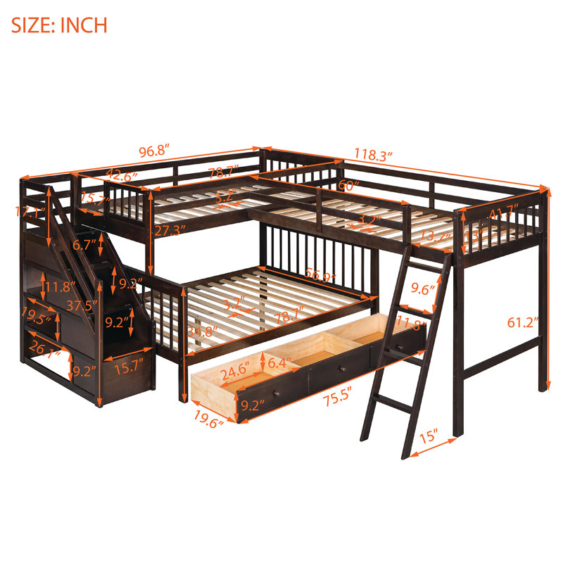 Twin over Full L-Shaped Bunk Bed With 3 Drawers, Ladder and Staircase, Brown