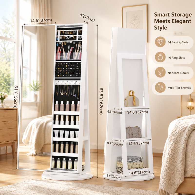 Standing Jewelry Cabinet with Sliding Full Length Mirror, White