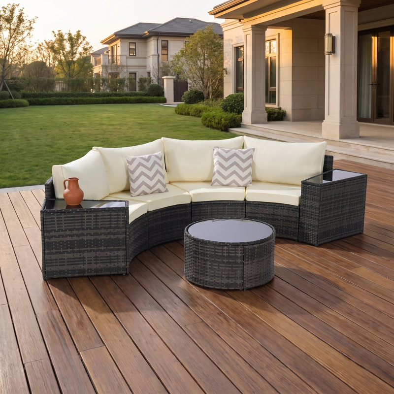 Ensemble de canapé modulaire d'extérieur demi-lune 7 pièces avec table basse ronde en verre trempé, Blanc