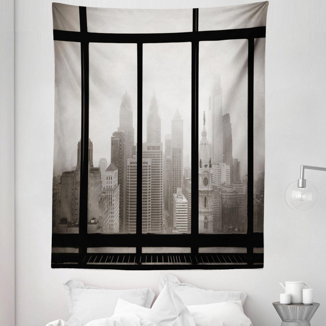 Philadelphia City Rooftop View Through Window Skyline Landmark Rooftop Travel Tapestry