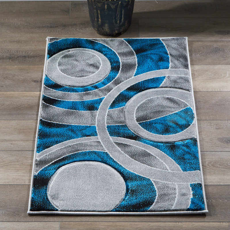 Tapis turquoise / gris à motif géométrique Adonia, Rectangle 2 pi 1 po x 3 pi 3 po