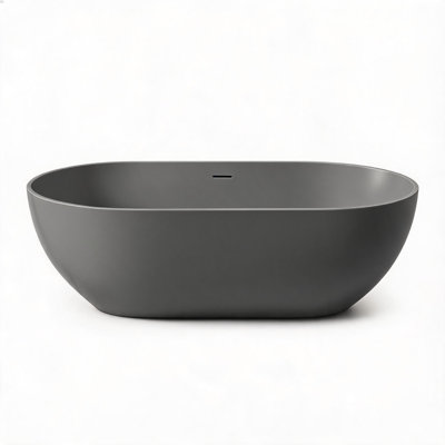 59 inch Matte Gray Solid Surface Freestanding Soaking Bathtub with Deep Soak Design