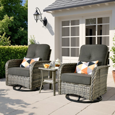 Allcot 2 - Person Outdoor Wicker Chairs with Side Table, All Weather High Back Rattan Chairs 2-Seater with Comfy Cushions