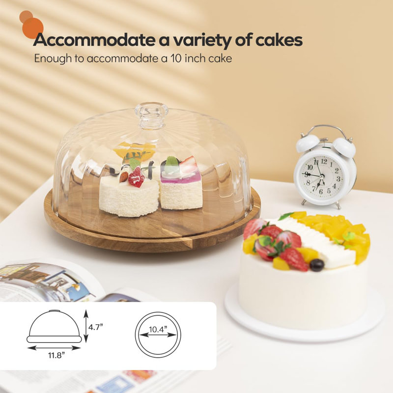 Cake Stand With Dome Lid, 11.8'' Wood Rotating Cake Turntable, Shaterproof 10.4'' Acrylic Cake Dome Cover