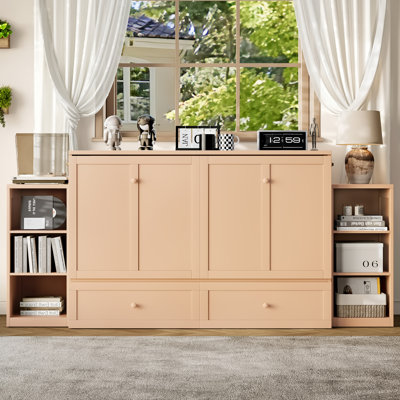 Grand lit escamotable avec tiroirs et tablettes de rangement spacieux. Idéal pour les chambres d'amis ou les chambres compactes. Or