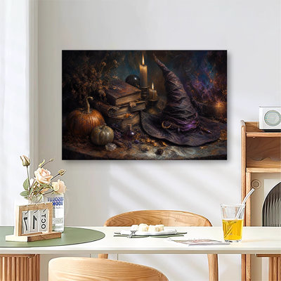 Purple Witch Hat With Magic Potion Bottles, Vintage Books And Pumpkins, Mystical Halloween Still Life Oil Painting Canvas Wall Art