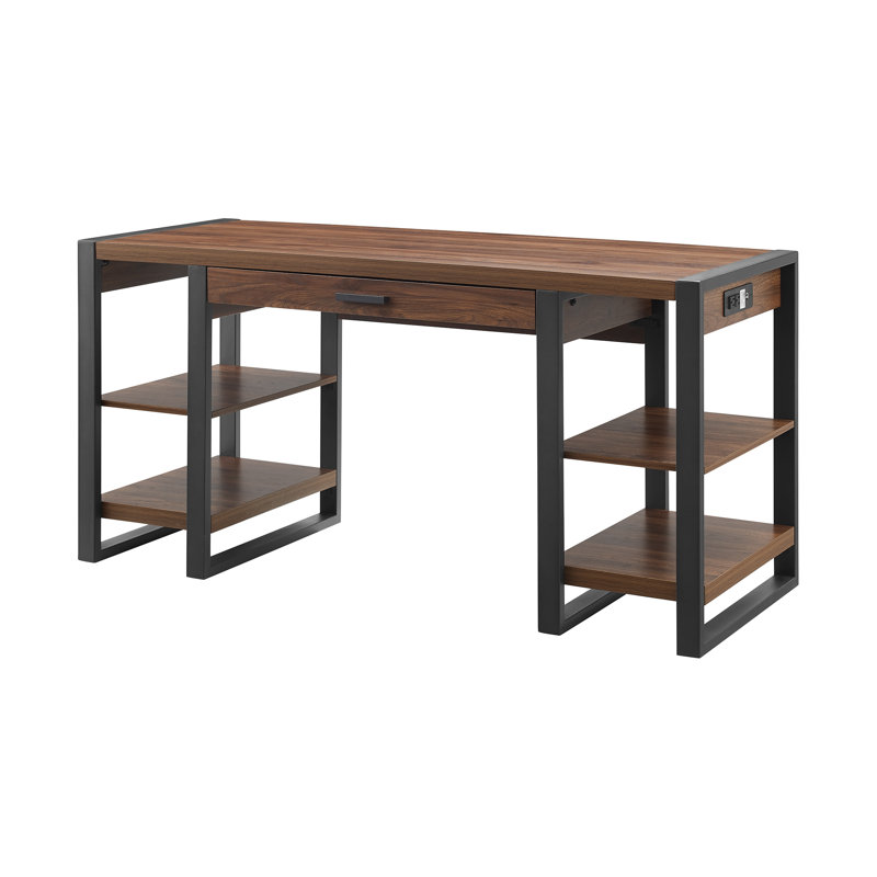 Yingst 60" Open Storage Tech Desk with USB Ports, Dark Walnut