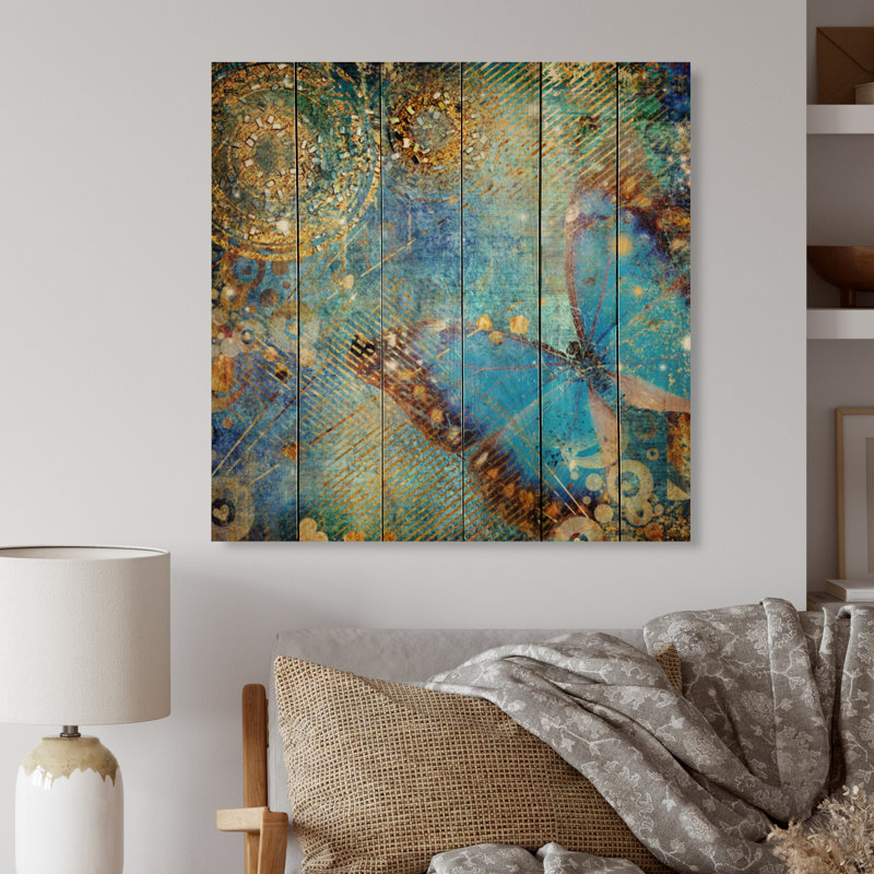 Papillon bleu artistique grunge - Art mural en bois traditionnel - Bois de pin naturel, H 30 po x l 30 po x P 1 po