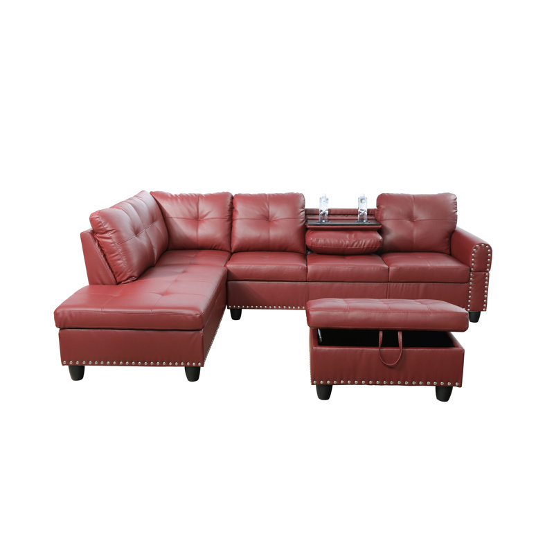 Canapé modulaire en similicuir 97 po avec repose-pieds Aamanah, Similicuir rouge, Accoudoir à gauche (vu de face)