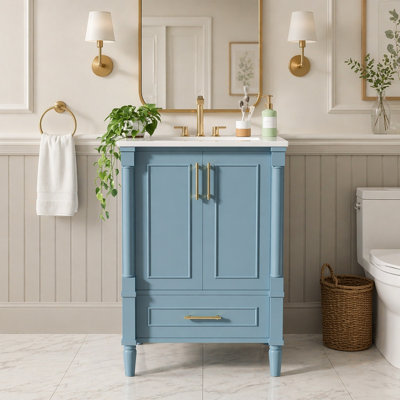 Meuble-lavabo moderne de 24 po avec motif orné et charnières à fermeture en douceur, armoire de salle de bain avec tiroir et structure ouverte à l'arrière, pieds cylindriques français sculptés