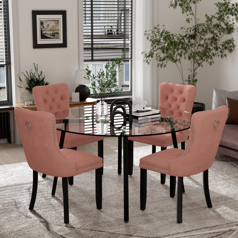 Ensemble de salle à manger rond avec chaises capitonnées, Rose