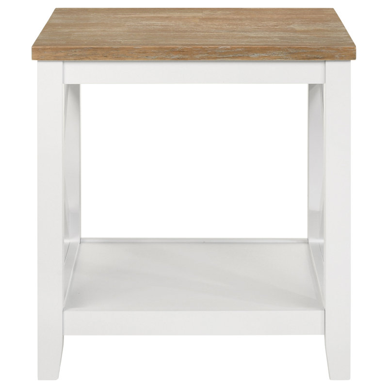 Coastal Brown and White Square Wooden End Table with Shelf