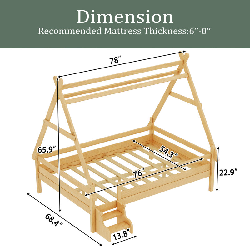 Lit plateforme House avec escalier, structure de lit simple en bois massif, profil bas et design amusant pour enfants, Double
