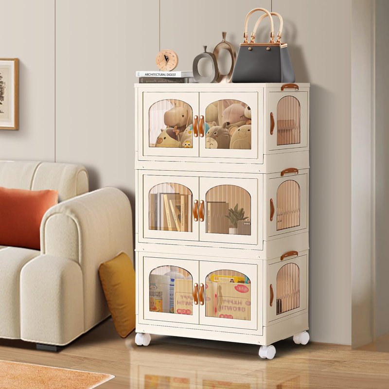 Inbox Zero 8.4 Gal Foldable Cabinet with 1 Lid Set 3 Tier,Clear Plastic Folding Storage Box with Wheel