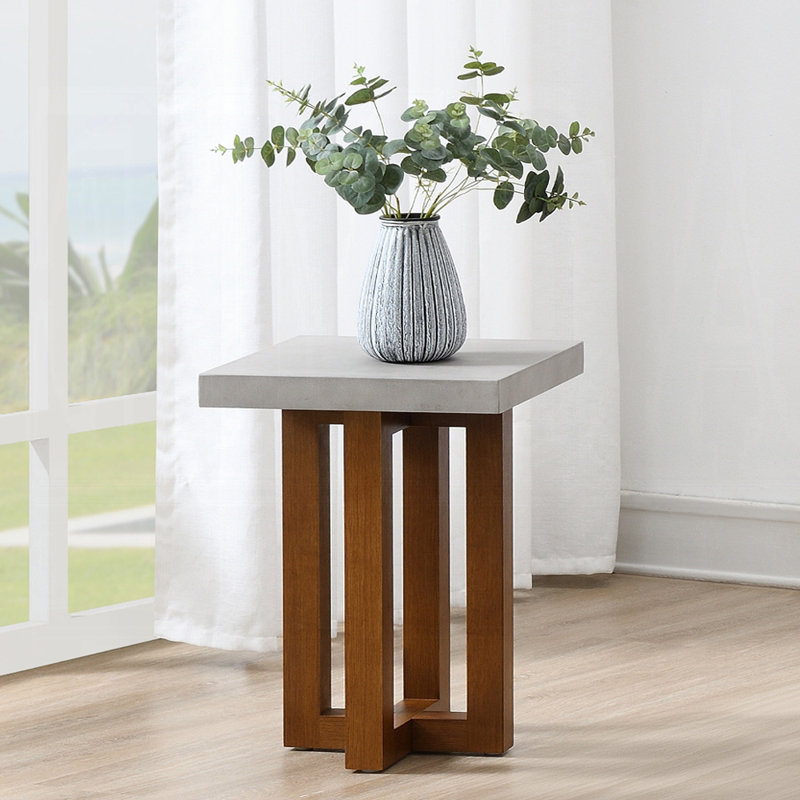Table de bout, plateau en faux béton et finition noyer