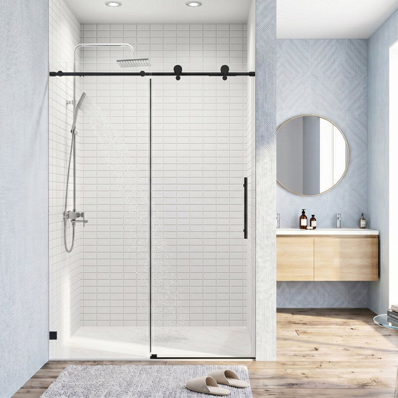 Porte de douche coulissante simple sans cadre de 46 à 48 po x H 76 po, verre trempé épais de 8 mm avec mécanisme de fermeture en douceur