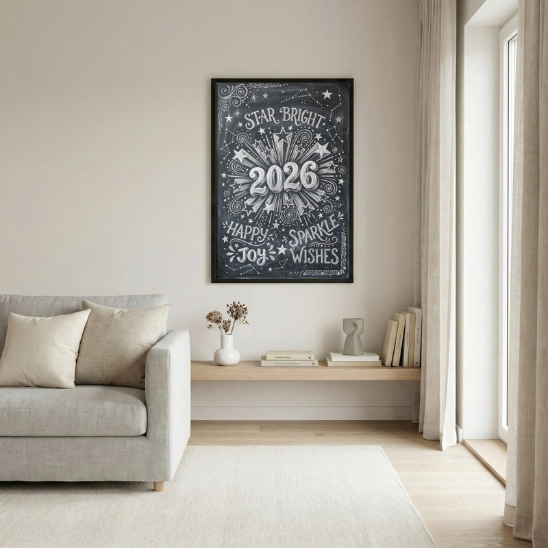 Étoile brillante 2026 de style tableau noir sur toile, art joyeux joyeux, voeux, impression pour décoration intérieure, bureau ou cadeau