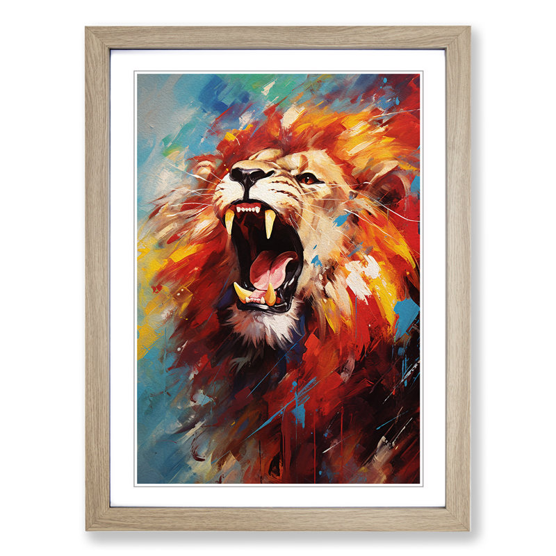 Lion Modern - Single Picture Frame Print on Wood, Oak Framed, 64cm H x 46cm W x 2cm D