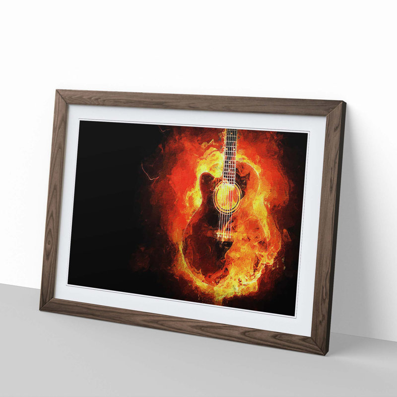 Acoustic Guitar In Flames - Single Picture Frame Print, 24cm H x 33cm W x 2cm D, Walnut Framed