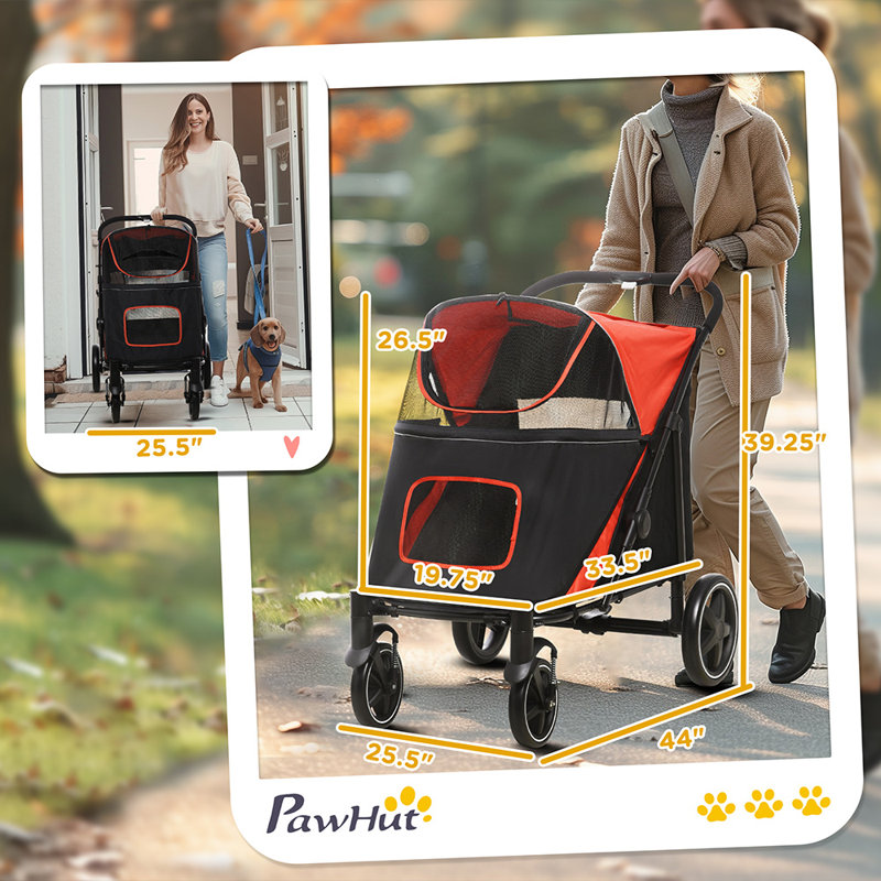 4 Wheels Dog Stroller (Black; Red)