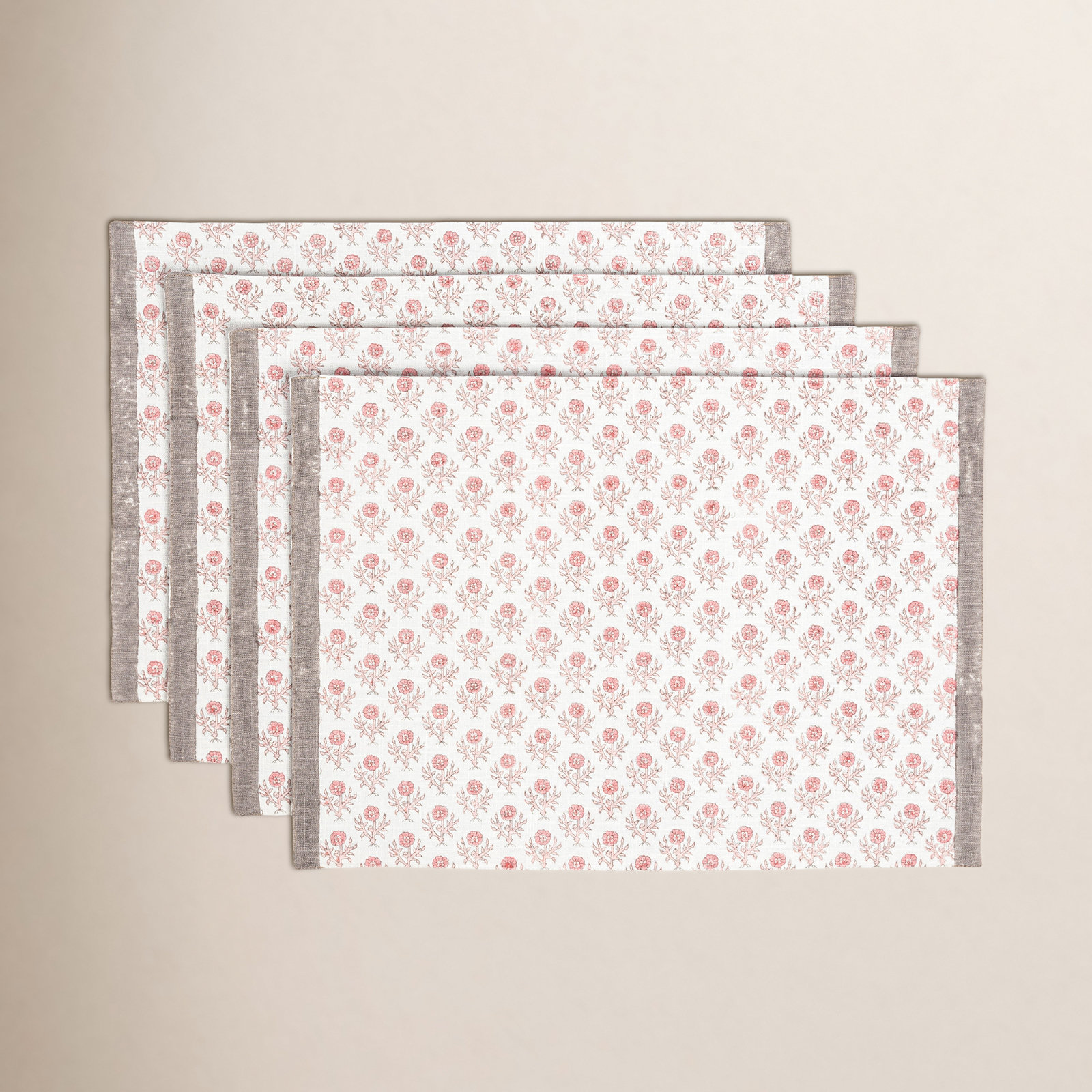Hand-Blocked Cotton Placemat, Pink Bloom