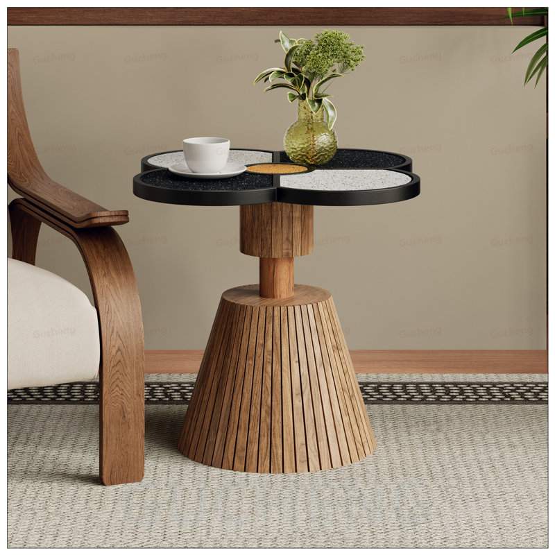 Table d'appoint unique à quatre feuilles et trèfle pour le salon, la chambre à coucher et les petits espaces - Table décorative avec base en grain de bois