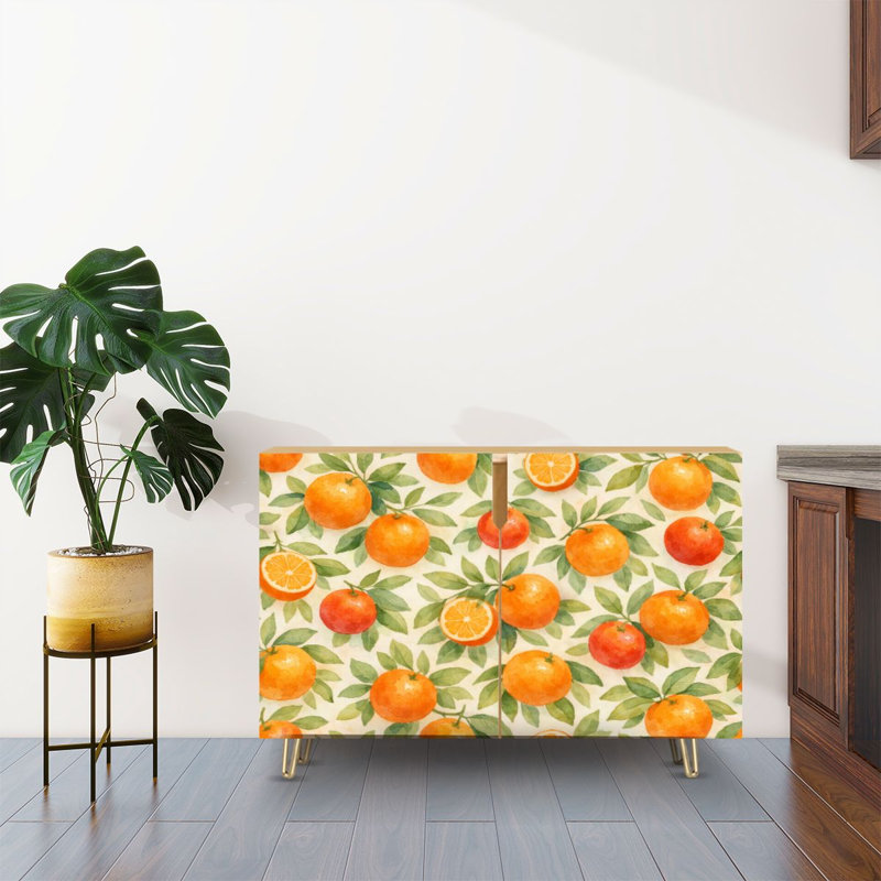 Buffet Buffet avec rangement Aquarelle Tangerine Orange Vert Feuilles avec 2 portes pour le salon et la cuisine