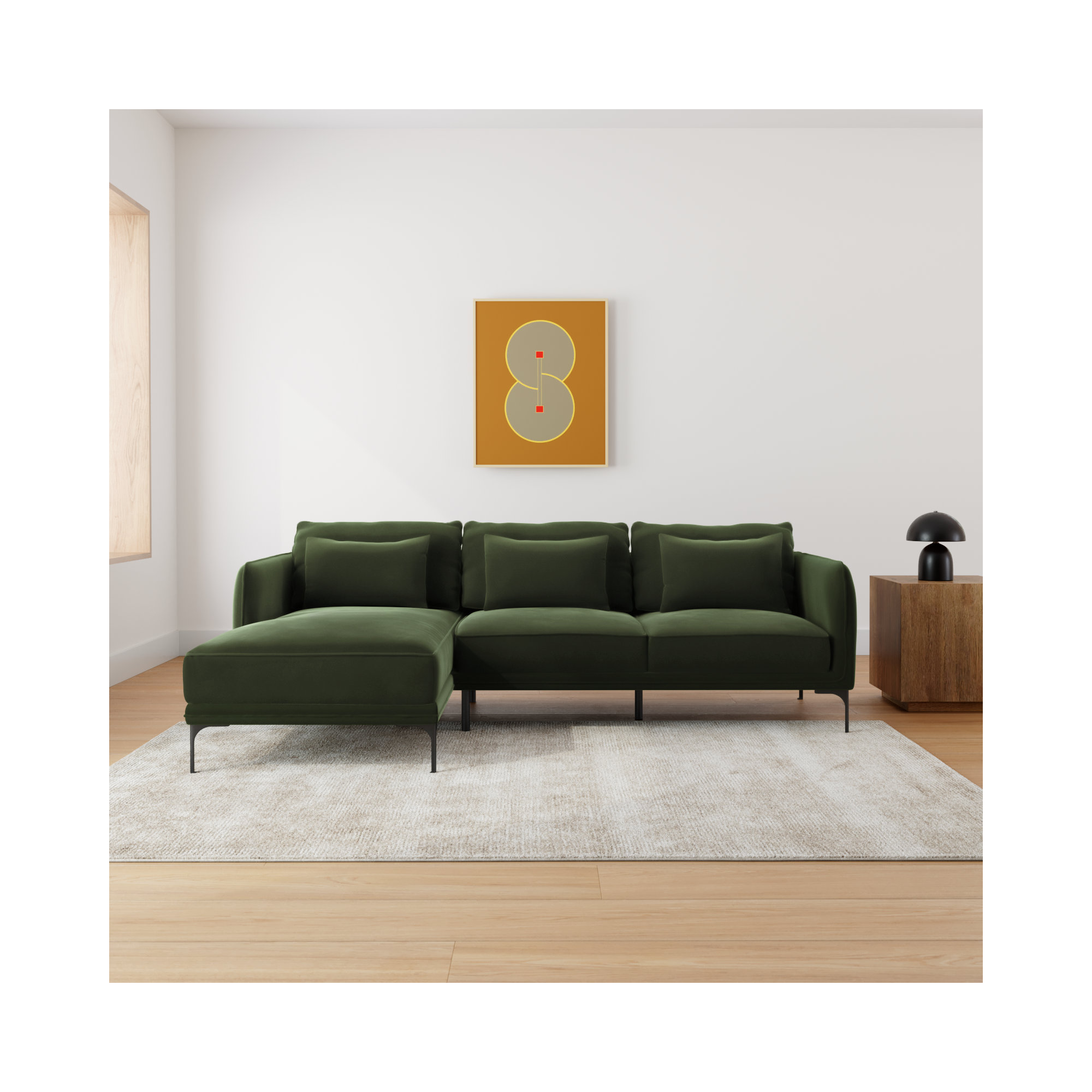 Rae Upholstered Chaise L-Sectional, Left Hand Facing, Green Cotton Blend