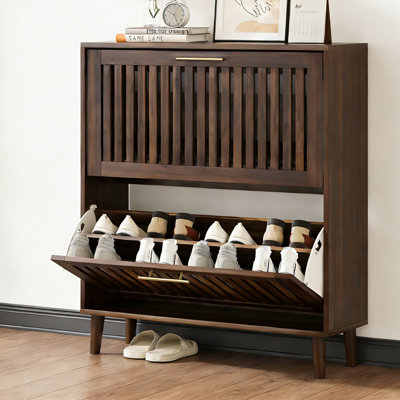 Wooden Shoe Cabinet for Entryway, 16-24 Pairs Shoe Organizer with Flip Drawer and Adjustable Shelves
