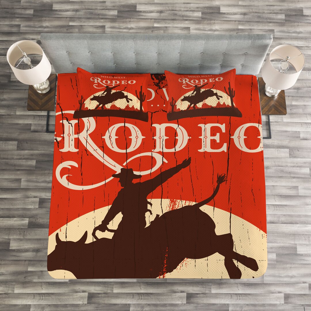 Gestepptes Bettdecken-Set, Rodeo-Cowboy reitet Bull, Jahrgang, Orange Braun