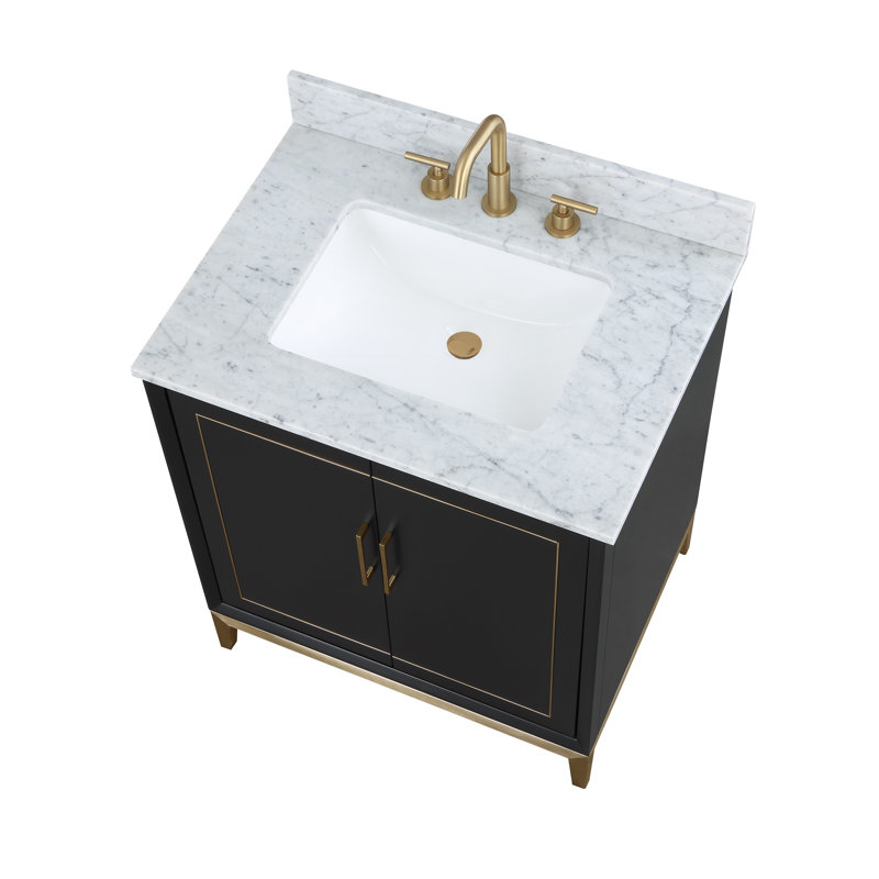 Gracie 30'' W Single Vanity, Midnight Black, Satin Brass, Carrara Marble