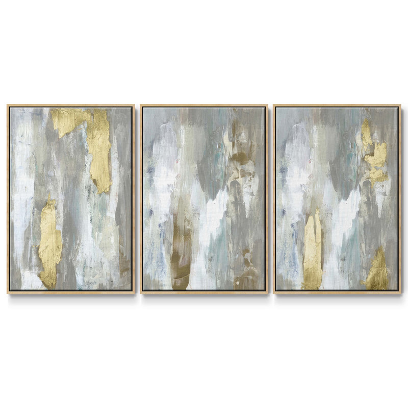 Ensemble de 3 pièces texturées neutres et dorées I encadrées sur toile, H 40 po x l 78 po, Bois naturel