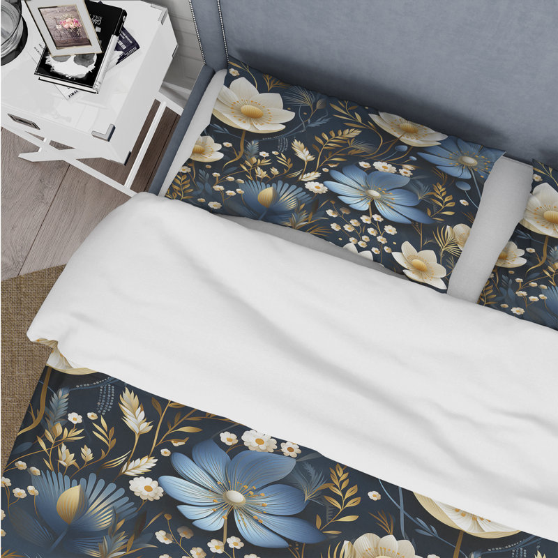 Literie bleue et blanche Tribal Botanics, Housse de couette pour grand lit et 2 taies décor