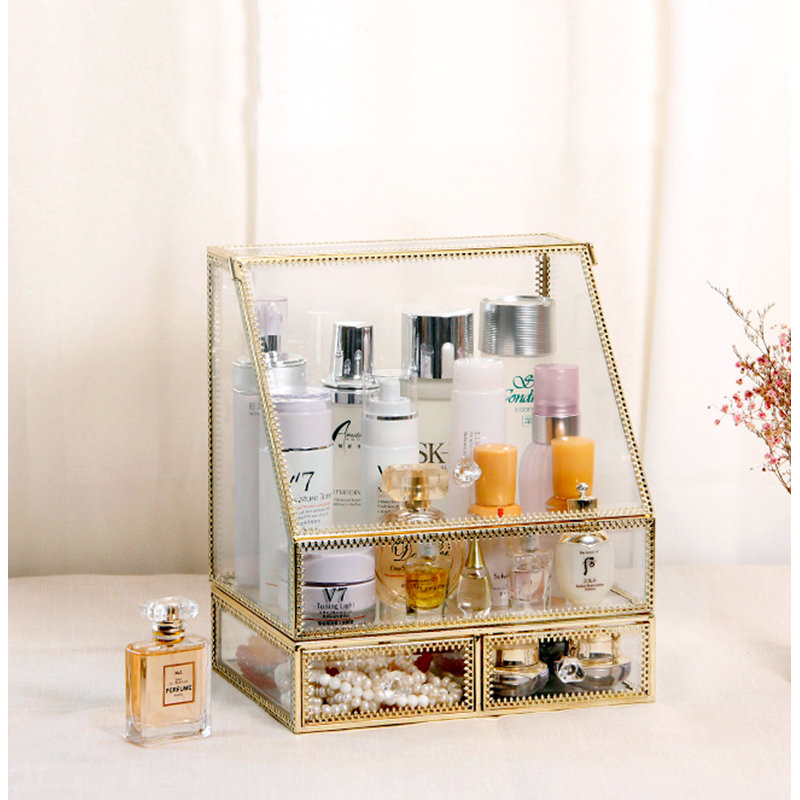 Verre avec organisateur de maquillage en laiton, Transparent / Doré