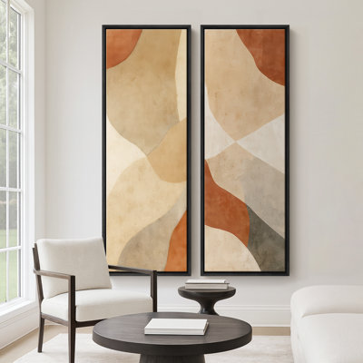 Modern Earth Tone Geometric Abstract for Living Room – Set of 2 Framed Wall Art Print on Canvas 60"x20"x2, 60"x30"x2