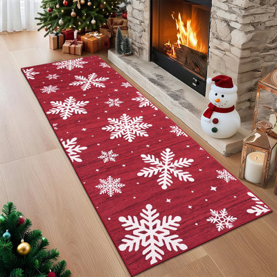 Tapis de Noël lavable et antidérapant, tapis imprimé de flocons de neige, tapis de sol pliables à poils courts et à poils courts, tapis de Noël intérieur ne perdant pas ses poils