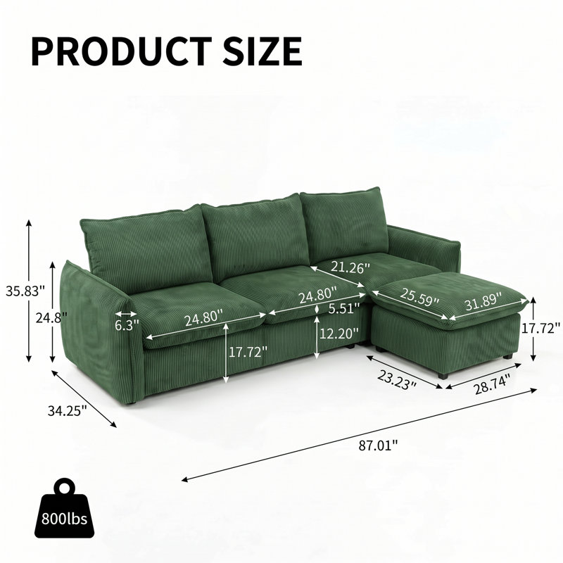 Canapé modulaire en L avec repose-pieds Boucle, Velours côtelé vert