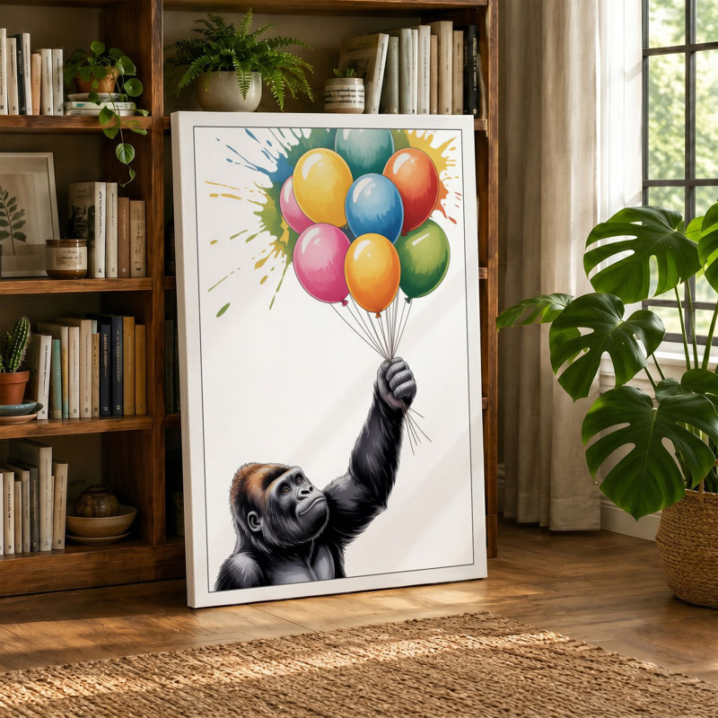Chimpanzee and Balloons Modern 1 Piece Wrapped Canvas Wall Art, 36x24 - 91.4 x 61.0 cm, Ochre Border