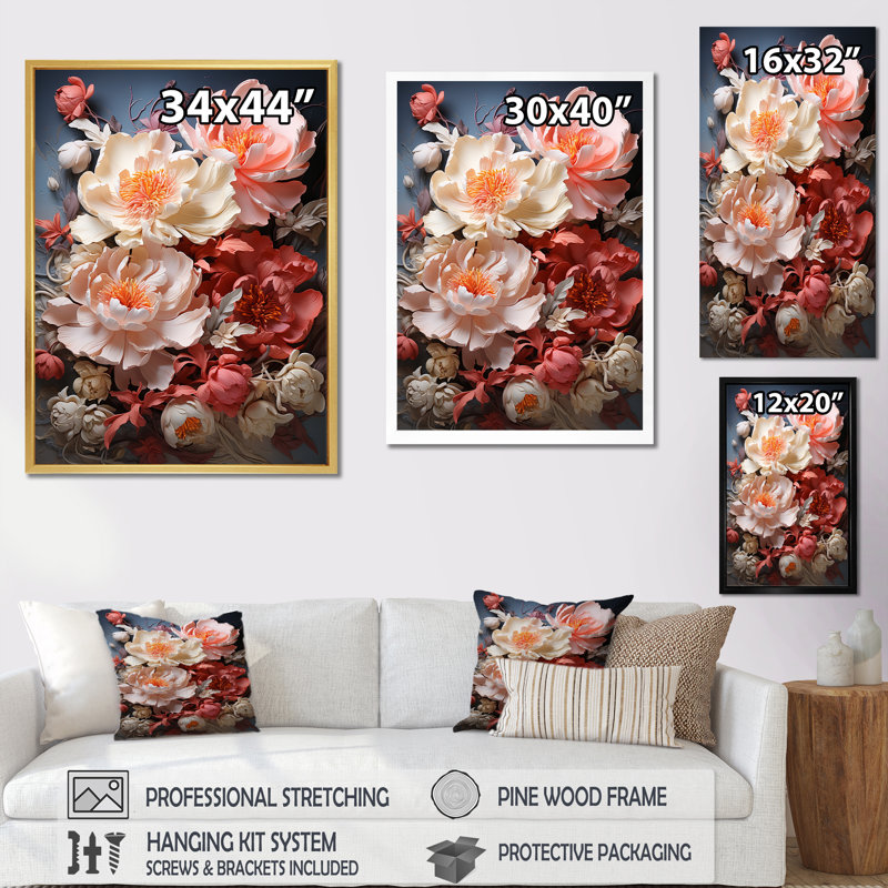«Pink Elegant Peony», paysage de rêve sur toile, Cadre photo argenté, H 44 po x l 34 po x P 1,5 po