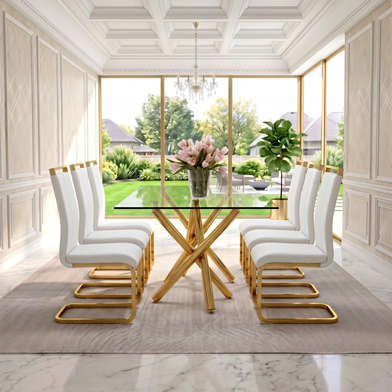 Modern Glam Rectangular Glass Dining Set with Cantilever Chairs, White/Gold, Gold