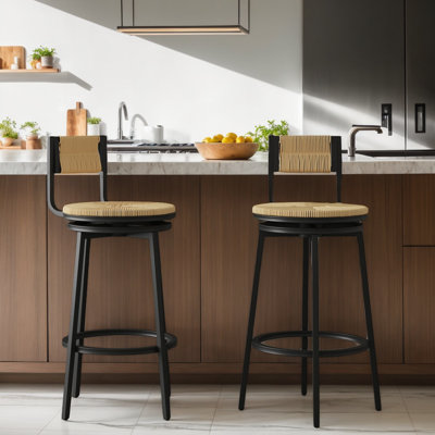 Modern Swivel Bar Stools Set Of 2, Hand Weave Barstools Counter Height Bar Stools, Kitchen Island Stools With Backrest & Footrest