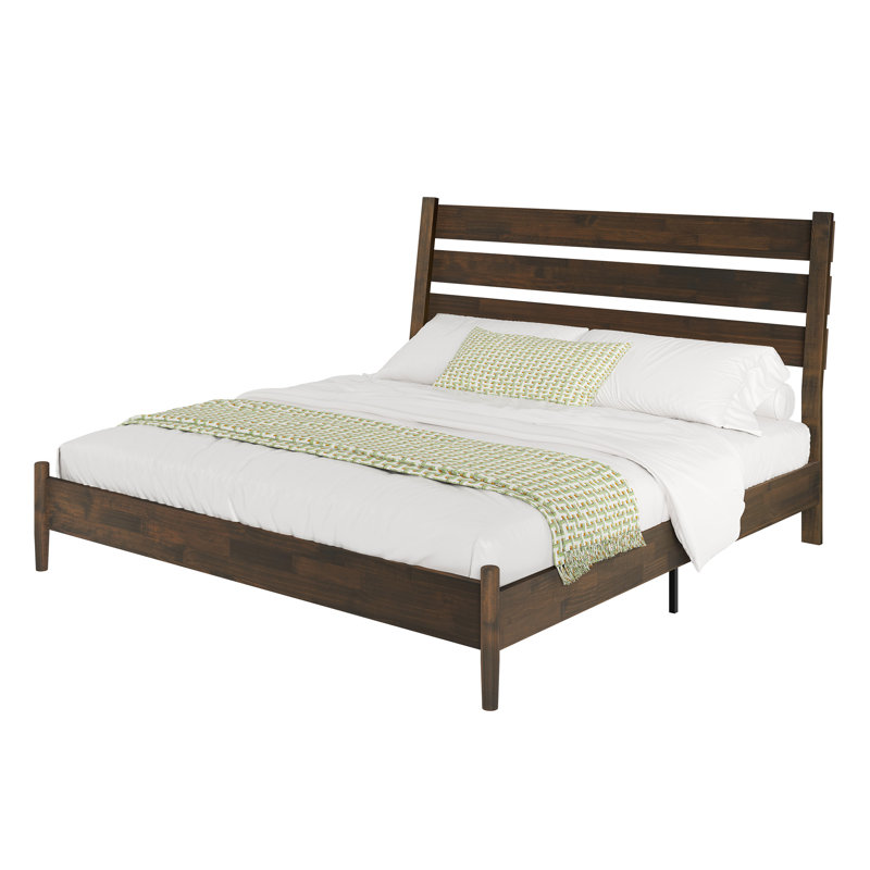  Solid Wood King Bed Frame with Reclining Slatted Headboard, Dark Brown, King, Dark Brown
