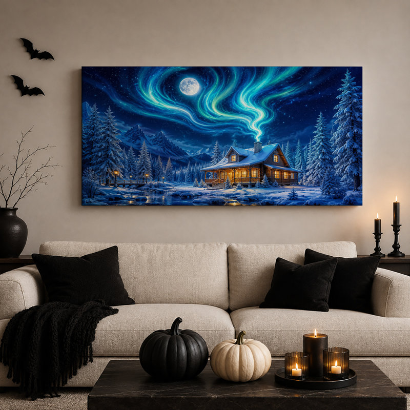 Cabane en bois rond enneigée dans les montagnes sous une aurore boréale bleue - Toile murale d'Halloween, L 32 po x H 16 po