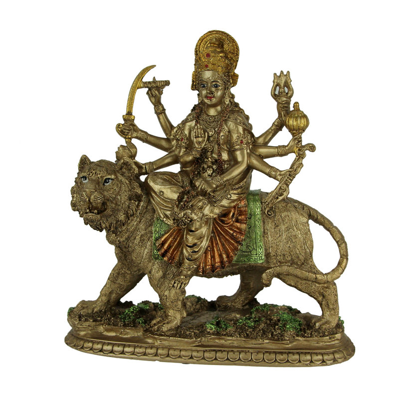Traditional Hindu Goddess Durga bronze finish resin decorative statue riding tiger — 9.5" H x 9" L x 3.5" W