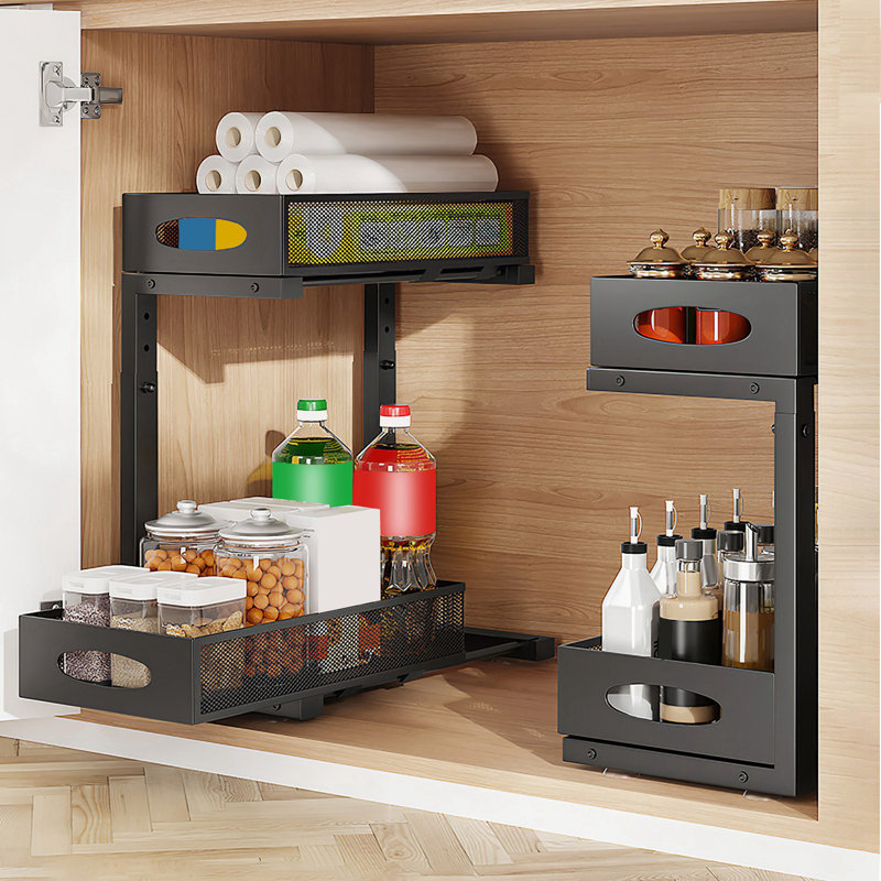 Ensemble de 2 paniers de rangement sous le lavabo avec étagère de rangement à 2 niveaux avec 5 paniers en maille à hauteur réglable pour Home Ki