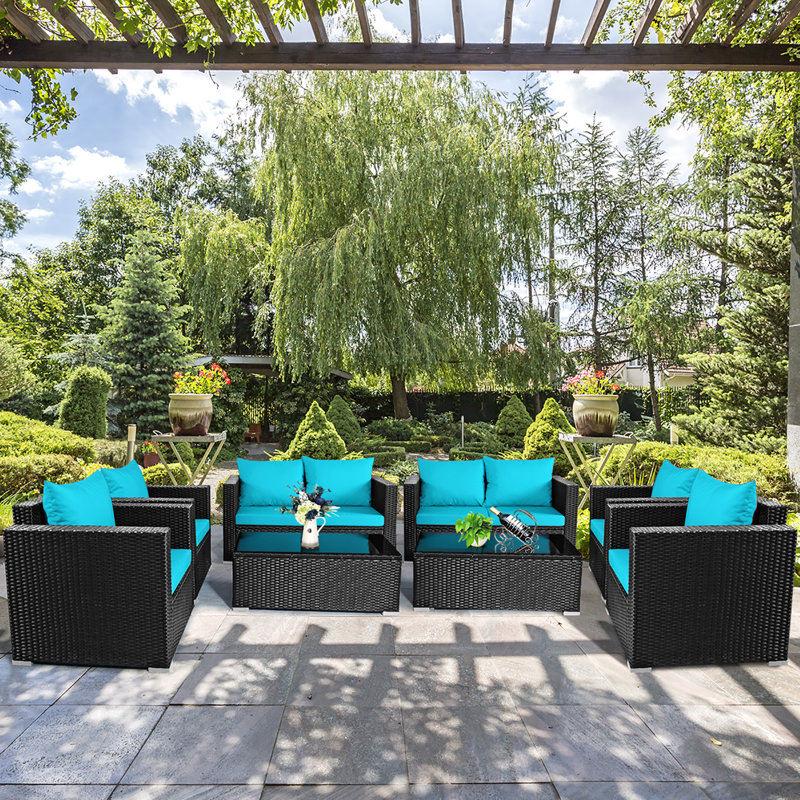 8 pièces Ensemble de conversation pour l'extérieur en rotin avec coussins turquoise, Bleu