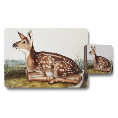 Fawn Deer Placemat And Coaster Set With Rustic Meadow Scene