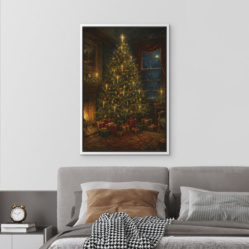 «Christmas Tree with Candlelight and Presents in Cozy Night Room», reproduction d'art sur toile encadrée dans la chambre principale